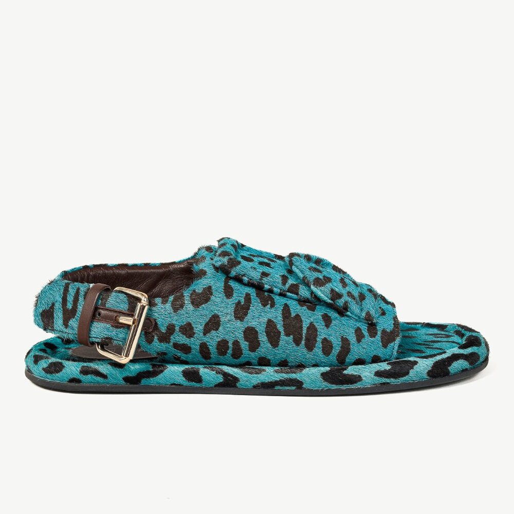 Tibi Beryen Baby Blue Pony Hair Calf Print Slingback Sandal